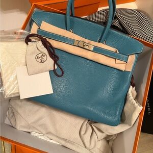 Hermes Teal Leather Tote Bag